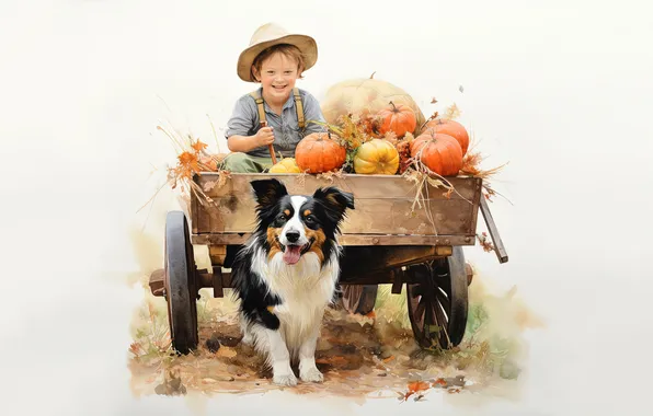 Autumn, child, dog, boy, harvest, pumpkin, white background, painting
