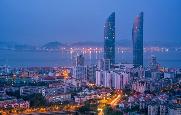 Landscape, mountains, lights, river, China, building, home, the evening