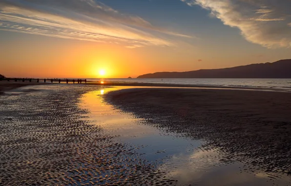 Sand, sea, beach, the sky, the sun, clouds, sunset, mountains