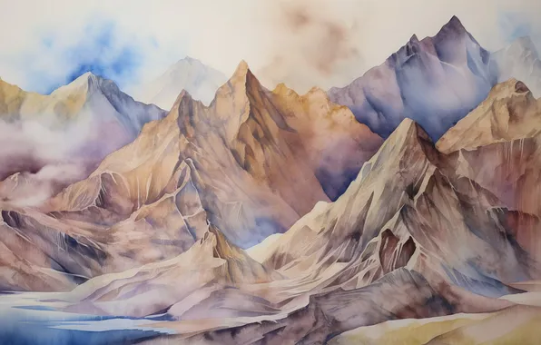 The sky, mountains, rocks, the slopes, tops, blur, imitation of watercolor, imitation painting