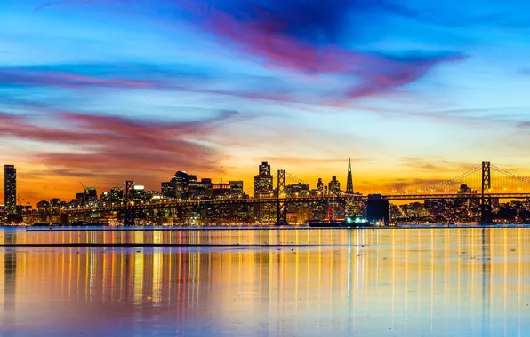 Bridge, lights, New York, panorama, USA