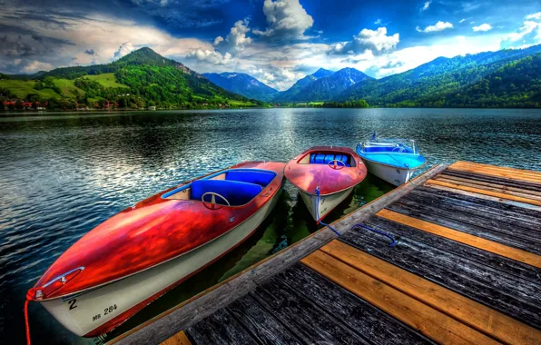 The sky, clouds, landscape, nature, lake, boats