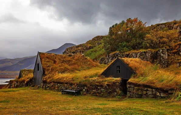 Picture autumn, grass, mountains, stones, rocks, Scotland, house, masonry