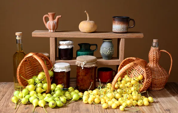 Picture pumpkin, banks, mugs, pitcher, pear, cherry, baskets