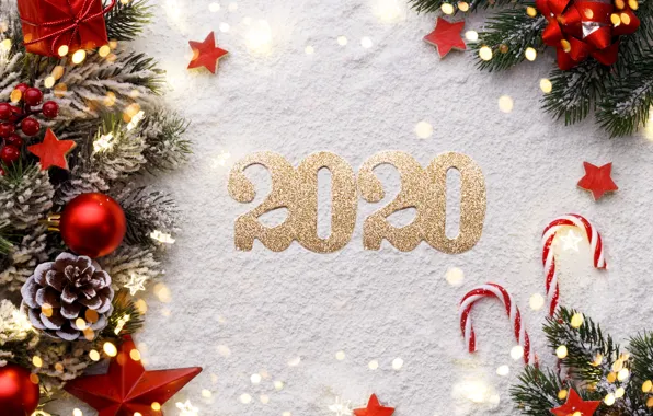 Snow, background, toys, new year, bumps, composition, 2020, fir-tree branches