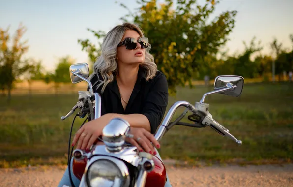 Girl, pose, hands, glasses, blonde, motorcycle, Anna, Alexander Parkhomenko