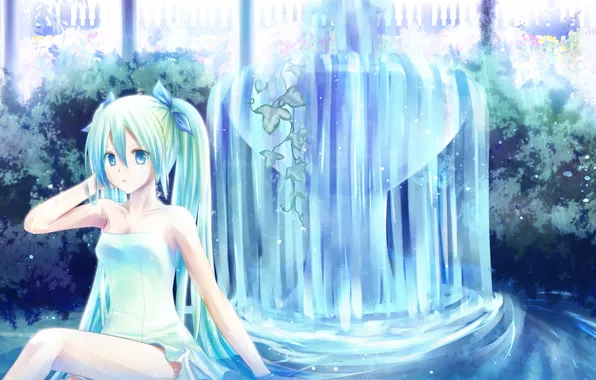 Picture water, girl, plants, fountain, vocaloid, hatsune miku, the bushes, Vocaloid