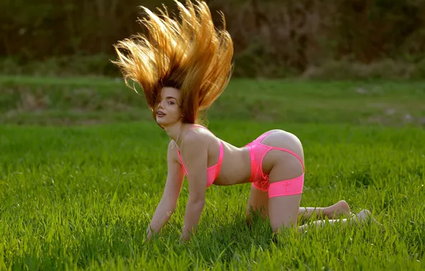 Field, ass, grass, look, the sun, trees, sexy, model
