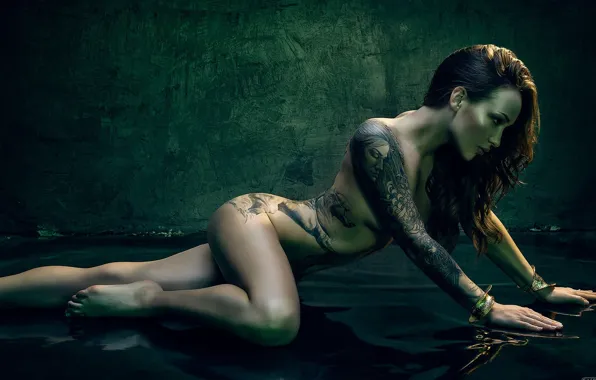 Girl, tattoo, bracelet, Turquoise Background, Brown-haired