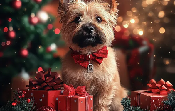 Look, balls, branches, lights, dog, Christmas, gifts, New year