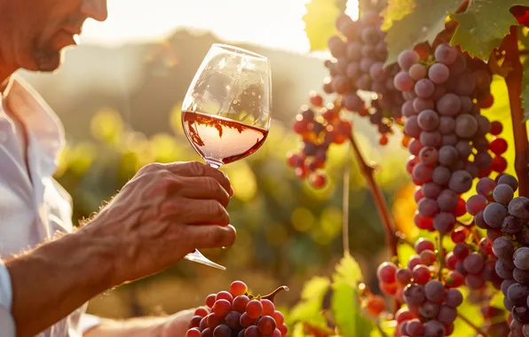 Light, red, wine, glass, hand, harvest, grapes, vineyard
