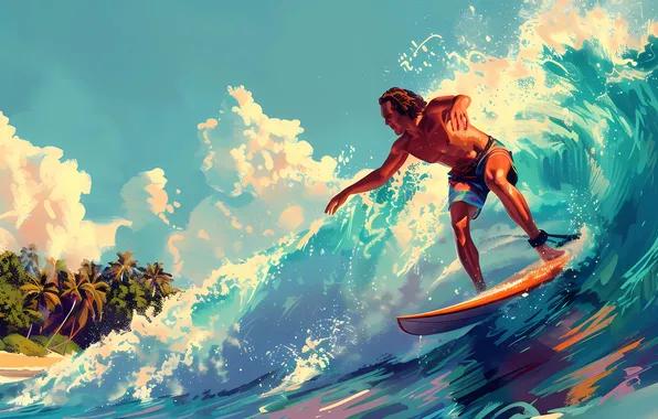 Wave, Surfing, Male, Digital art, AI art, The Art of Artificial Intelligence, Neural network, Riding …