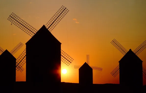 Picture the sky, the sun, landscape, sunset, silhouette, mill