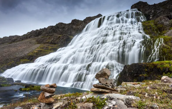 Stones, rocks, waterfall, moss, cascade, Iceland, Flaglets