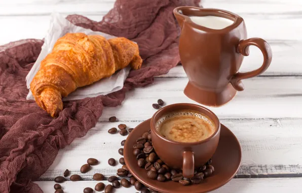 Table, coffee, Breakfast, milk, Cup, croissant, Roman Osadchiy