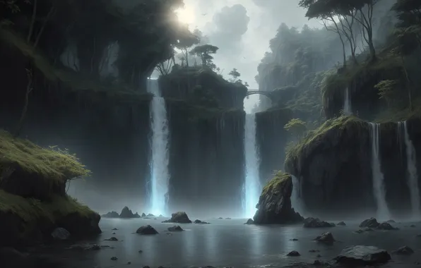 Forest, the sky, the sun, birds, bridge, nature, waterfalls, digital art