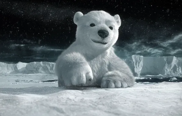 Picture snow, night, cartoon, ice, Arctic, bear, Umka
