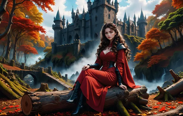 Autumn, girl, castle, lady