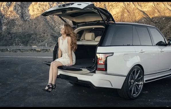 Picture girl, mountains, Girls, Land Rover, white car