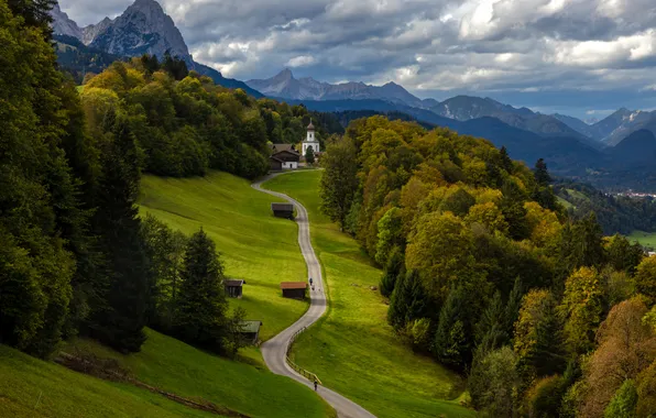 Road, forest, clouds, trees, mountains, Church, the monastery, Garmisch-Partenkirchen