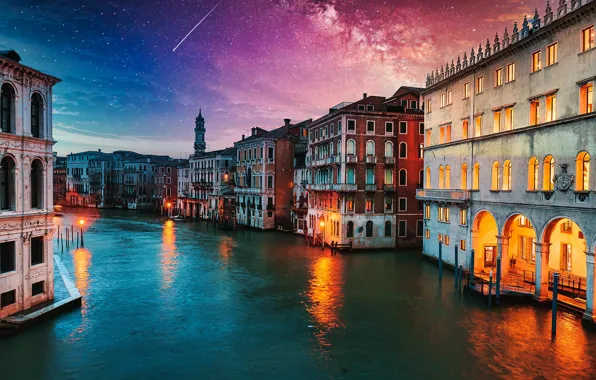 The sky, stars, clouds, sunset, the city, lights, reflection, shore