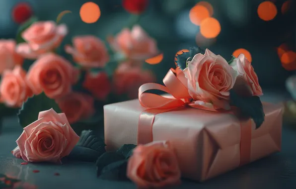 Flowers, lights, the dark background, holiday, box, gift, roses, bouquet
