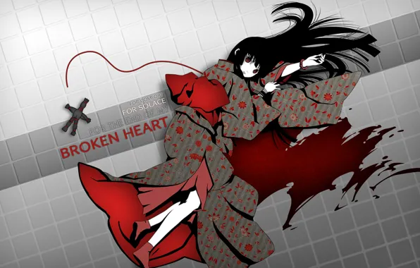 Squares, blood, squares, kimono, grey background, red eyes, black hair, Enma Ai