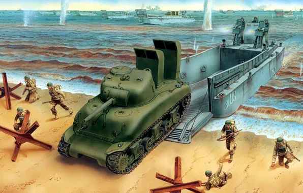 Sea, figure, art, soldiers, landing, M4A1, Sherman, Overlord