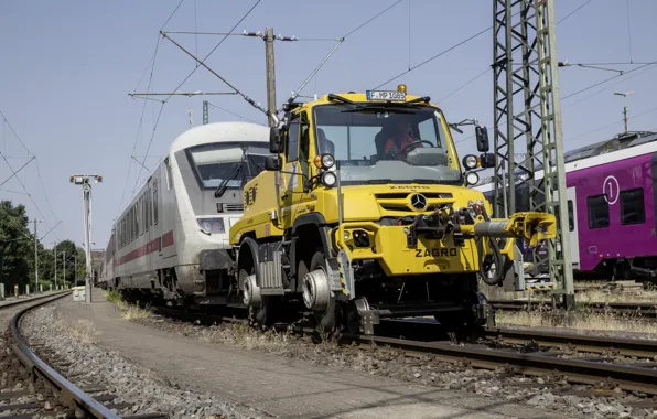 Picture yellow, rails, train, Mercedes-Benz, tug, railroad, composition, tractor