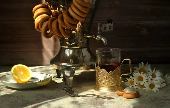 Light, flowers, glass, table, lemon, tea, chamomile, village