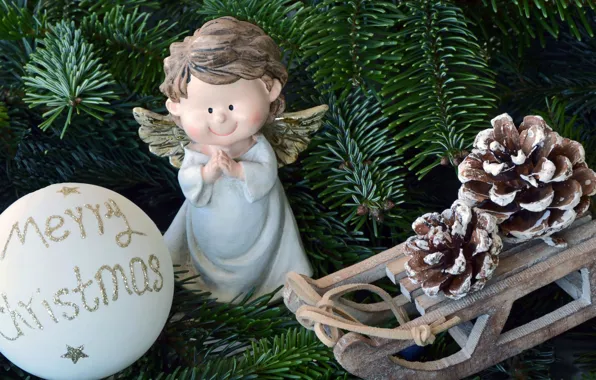 Branches, holiday, toys, ball, Christmas, spruce, angel, sled