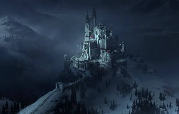 Winter, snow, mountains, night, bridge, castle, fantasy, art