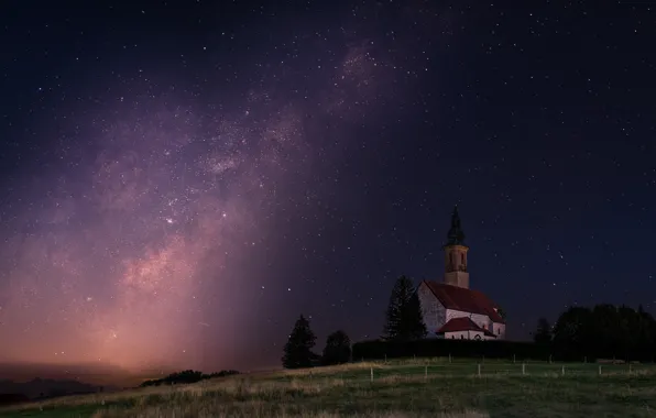 Grass, stars, trees, night, darkness, hill, the fence, Church