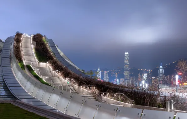 Mountains, lights, construction, stage, West Kowloon HSR Station - Hong Kong