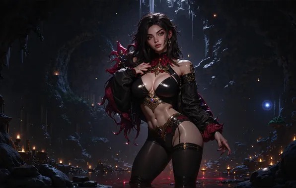 Picture cleavage, women, brunette, fantasy art, bikini, cave, abs, thigh-highs