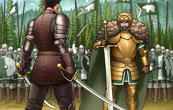 Sword, army, bear, warrior, art, helmet, duel, spears