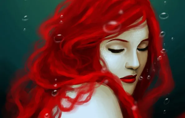 Water, bubbles, mermaid, art, shoulders, red hair, closed eyes