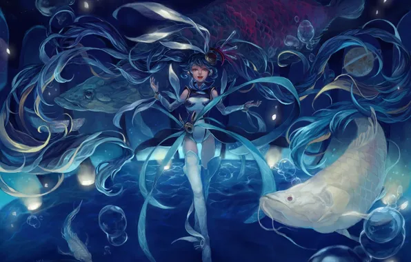 Picture girl, fish, bubbles, art, vocaloid, hatsune miku, under water, meniusa