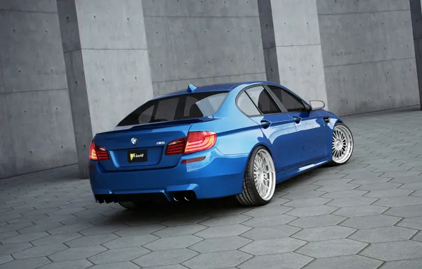 Blue, bmw, BMW, rear view, blue, f10, grey paving slabs, black license plate
