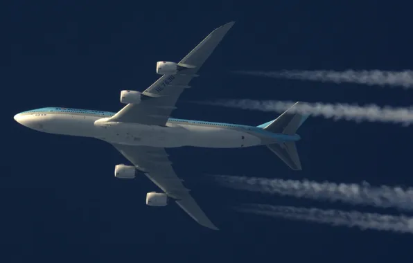 The plane, Boeing, Boeing 747-8 Intercontinental, Airliner, Boeing 747, Korean Air, In flight, Contrail