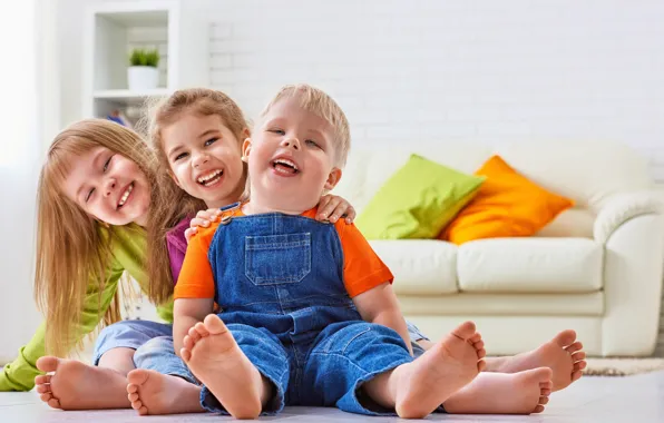 Joy, children, smile, feet, girls, jeans, boy, small