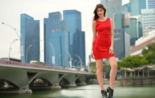 Picture girl, the city, dress, in red, City sights
