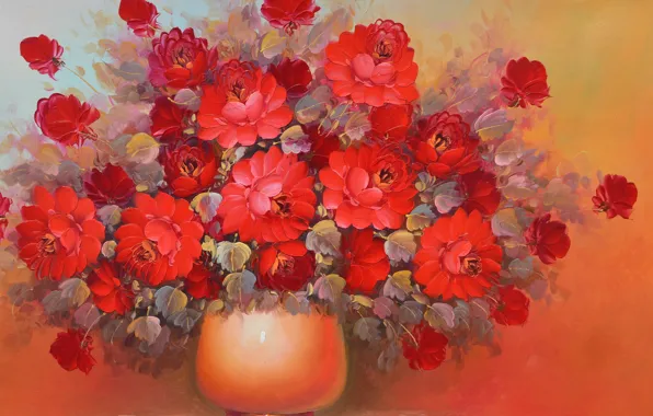 Red, Flowers, bouquet, vase