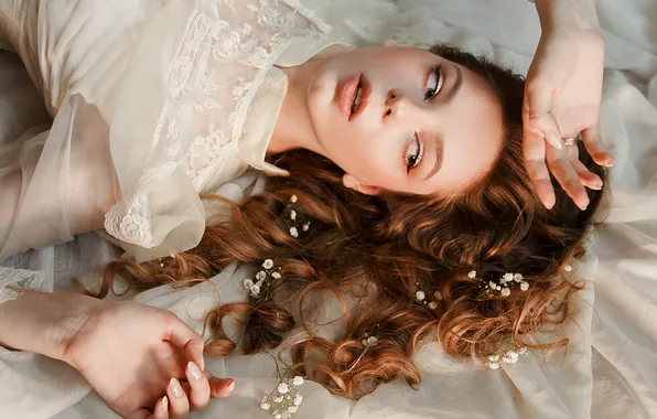 Look, girl, flowers, pose, style, hands, makeup, hairstyle