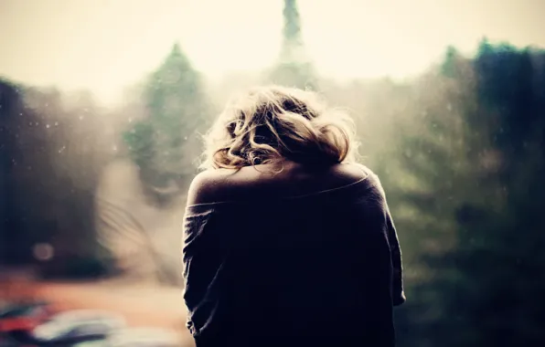 Sadness, glass, girl, the city, reflection, mood, back, sitting