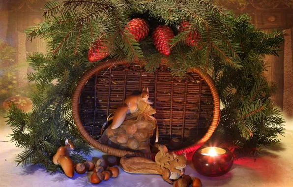 Basket, toys, candle, spruce, nuts, proteins