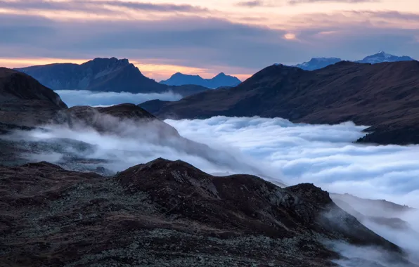 The sky, clouds, landscape, mountains, fog, overcast, hills, tops
