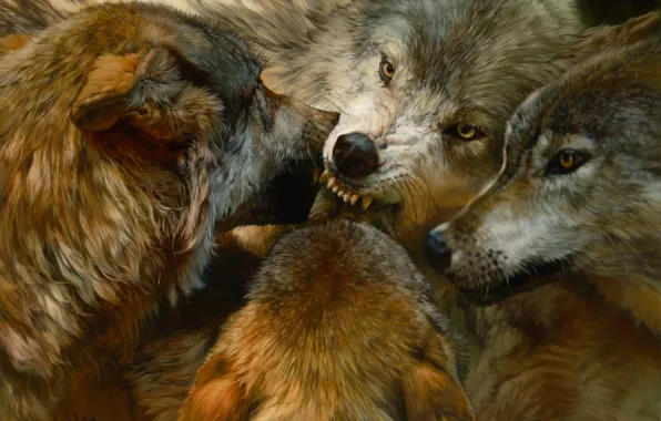 Animals, realism, predators, pack, wolves, painting, animals, art