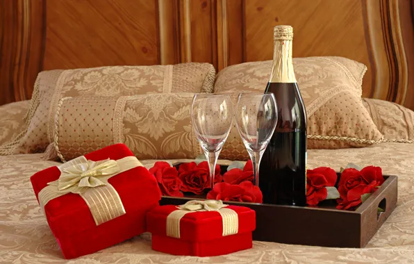 Wine, glasses, gifts, Bed, champagne, tray, roses