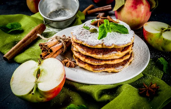 Apples, chocolate, honey, cinnamon, pancakes, mint, vanilla, powdered sugar